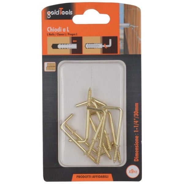 SET 9 PEZZI CHIODI GANCIO A VITE A FORMA DI L 1-1/4" 30MM DORATO 90802