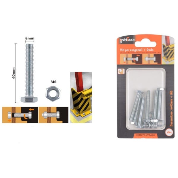 SET 6 PZ VITI PER ESTERNO A TESTA ESAGONALI 6X40 MM CON DADI M6 90917