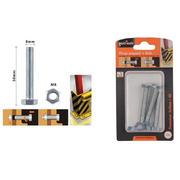 SET 3 PZ VITI PER ESTERNO A TESTA ESAGONALI 8X50 MM CON DADI M8 90922