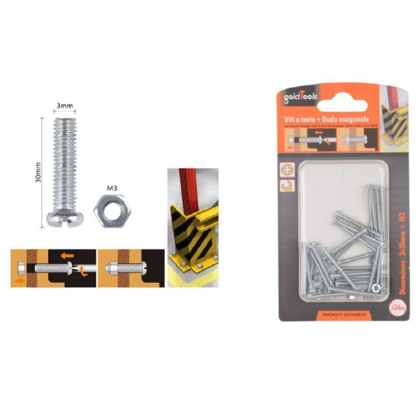 SET 24 PZ VITI TESTA A CROCE TONDA 3X30MM CON DADO ESAGONALE M3 90956