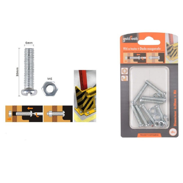 SET 8PZ VITI TESTA A CROCE TONDA 6 X 30MM CON DADO ESAGONALE M6 90978