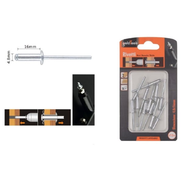 SET 12 RIVETTI 4.8X16MM ACCESSORI BRICOLAGE FERRAMENTA FAI DA TE 90822