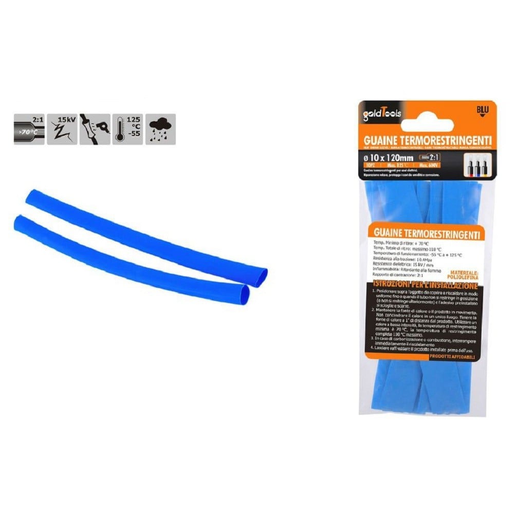 10PZ GUAINE TERMORESTRINGENTI TERMORETRATTILI BLU 10X120 MM CAVI 57080