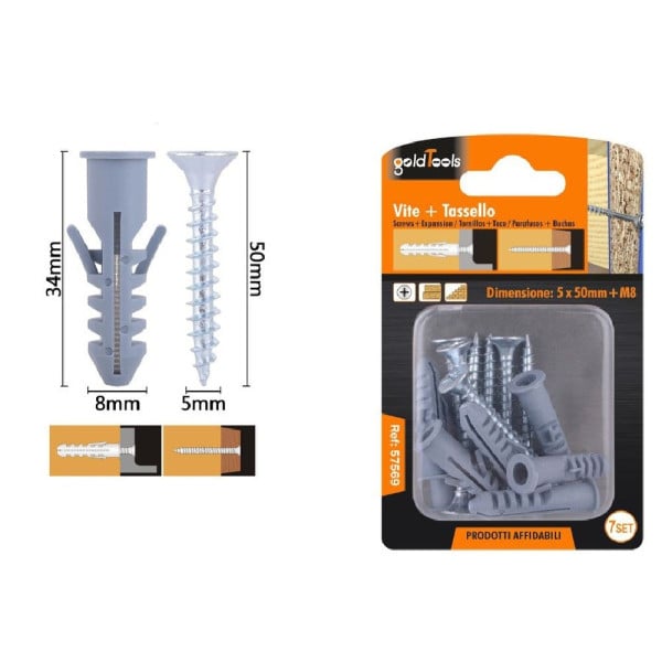 SET 7PZ VITI VITE CROCE 5 X50MM + TASSELLI CON ALETTE M8 FISCHER 57569