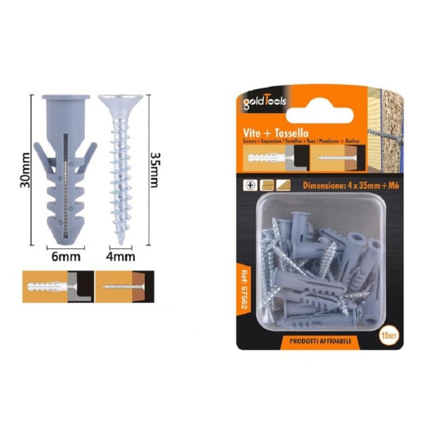SET 15PZ VITI VITE CROCE 4X35MM + TASSELLI CON ALETTE M6 FISCHER 57562