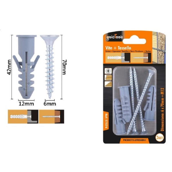 SET 3PZ VITI VITE CROCE 6X70MM + TASSELLI CON ALETTE M12 FISCHER 57574