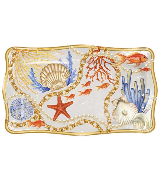 VASSOIO CENTROTAVOLA CON CONCHIGLIE CORALLI STILE MARINO SVUOTATASCHE 30x21 CM