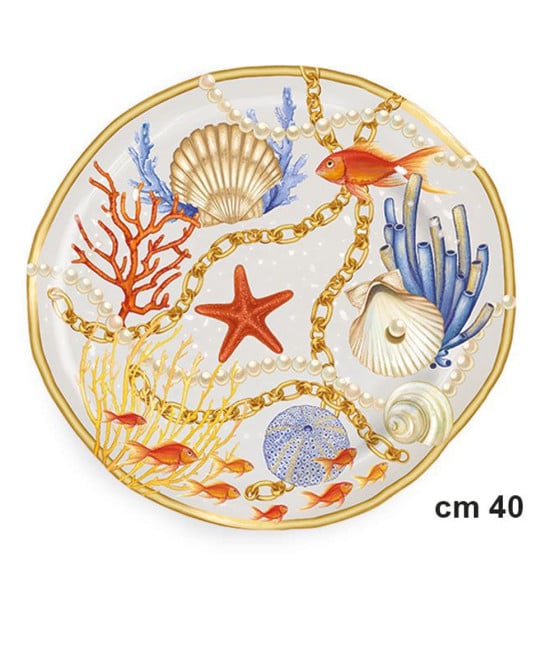 VASSOIO TONDO CON CONCHIGLIE E CORALLI STILE MARINO CENTROTAVOLA DIAMETRO 33 CM
