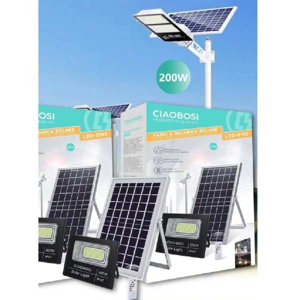 FARO FARETTO LED PANNELLO SOLARE FOTOVOLTAICO IP67 200W CON TELECOMAND