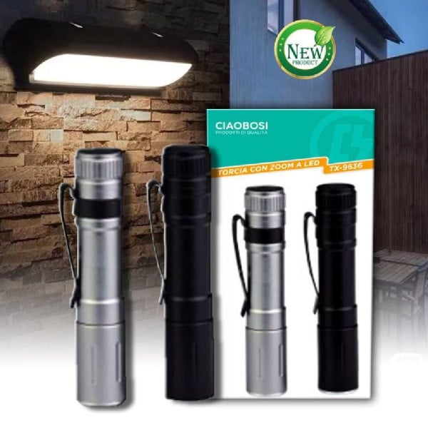 MINI TORCIA CON ZOOM A LED TX-9636 A BATTERIE CON CUSTODIA IN METALLO