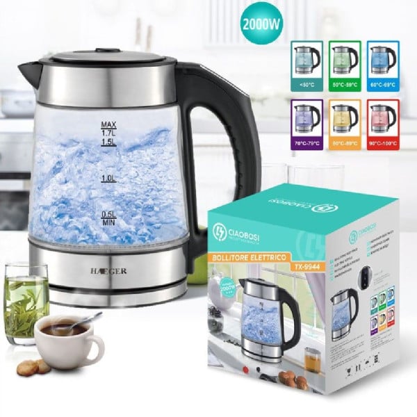 BOLLITORE ELETTRICO IN VETRO 1,7LT 2000 W ACQUA UFFICIO VIAGGI TX-9944