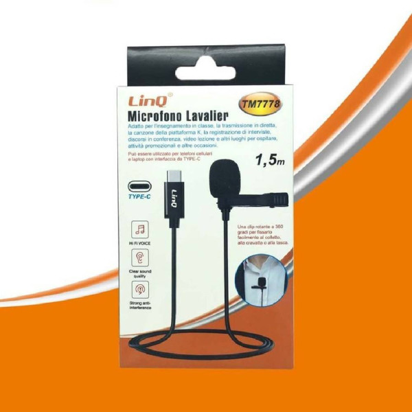 MICROFONO LAVALIER CON CLIP COLLETTO SMARTPHONE TYPE-C 1.5MT TM7778