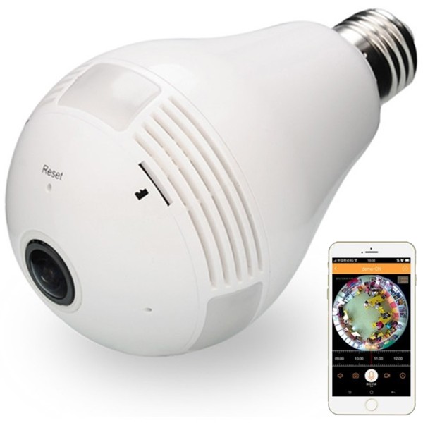 Telecamera spia con lampadina LED - Wi-FI Senza filo - Videocamera fisheye  360° FULL HD 1080p. Infrarosso + Audio + Supporto snodabile (opzionale)