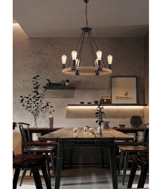 LAMPADARIO ROTONDO RUSTICO CANAPA METALLO E27 LAMPADA INDUSTRIALE A20