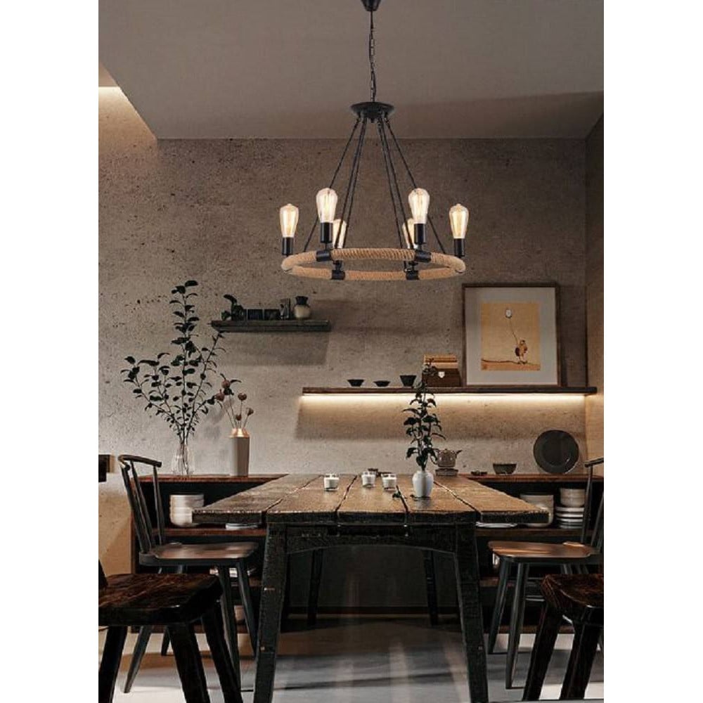 LAMPADARIO ROTONDO RUSTICO CANAPA METALLO E27 LAMPADA INDUSTRIALE A20