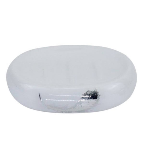 PIATTINO SAPONE SAPONETTA CERAMICA BIANCA DECORATO PIUMA ARGENTO BAGNO