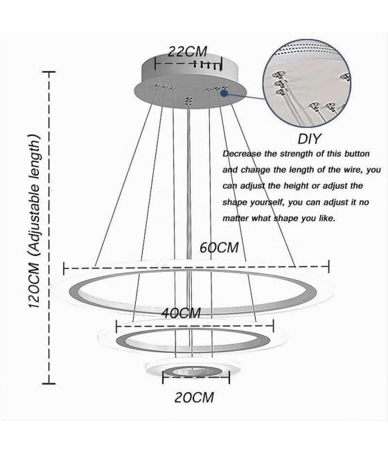 LAMPADARIO LED SOSPENSIONE 68W 3 CERCHI REGOLABILE DIMMERABILE A66-B3C