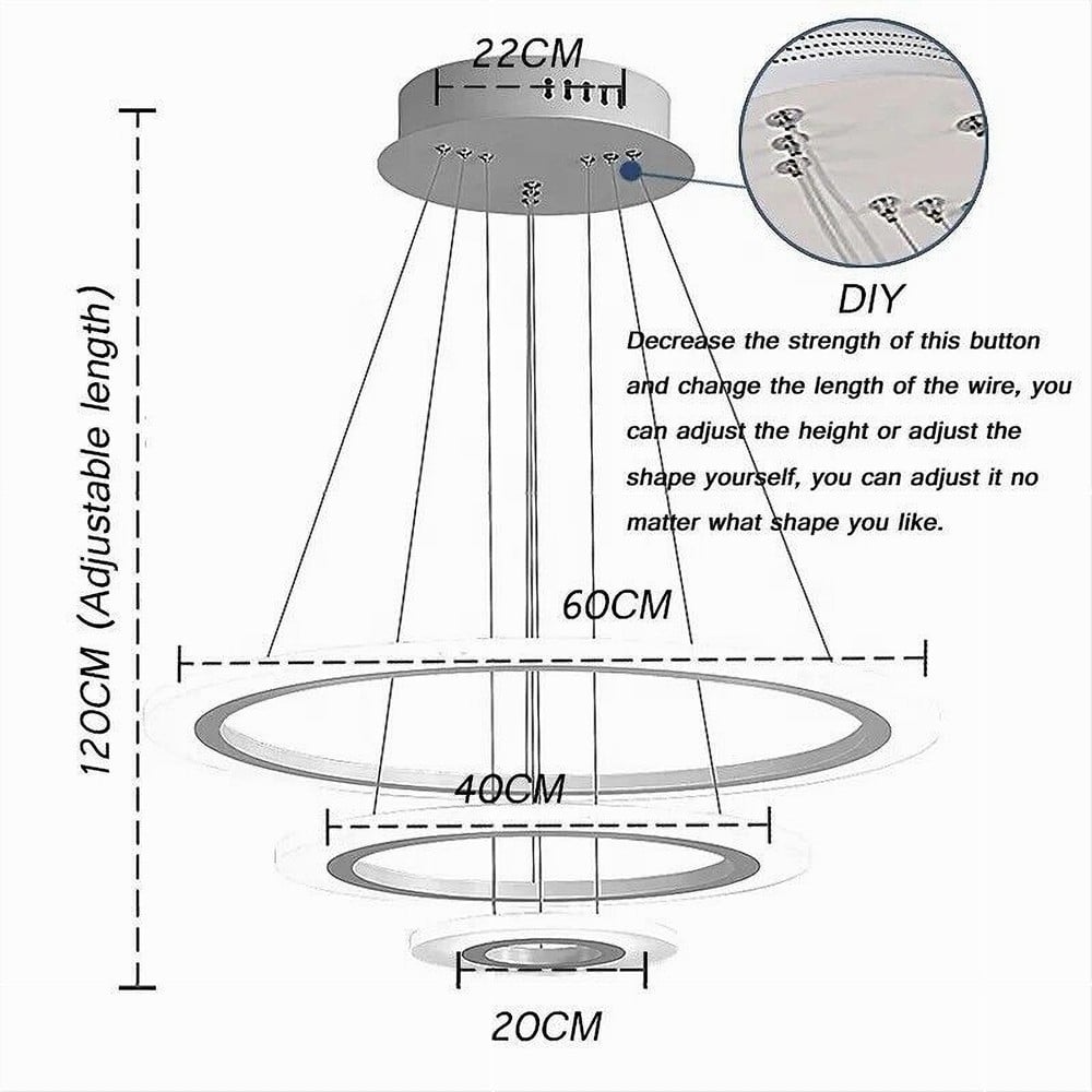 LAMPADARIO LED SOSPENSIONE 68W 3 CERCHI REGOLABILE DIMMERABILE A66-B3C