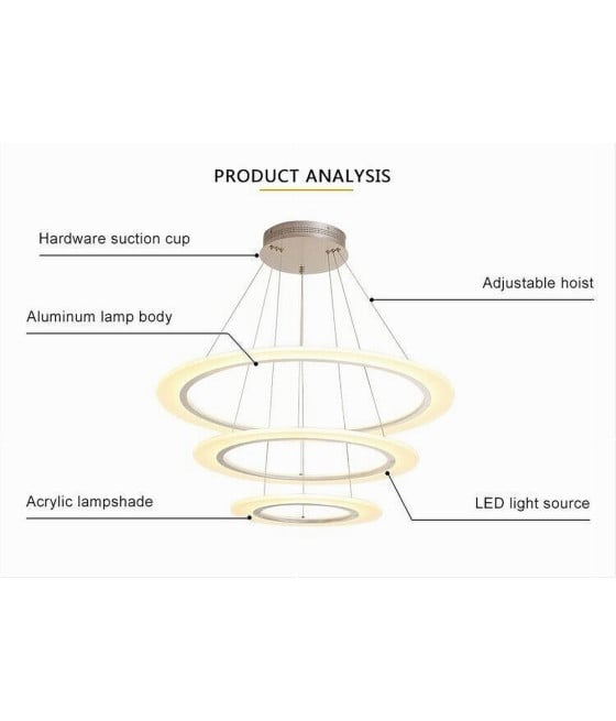 LAMPADARIO LED SOSPENSIONE 68W 3 CERCHI REGOLABILE DIMMERABILE A66-B3C