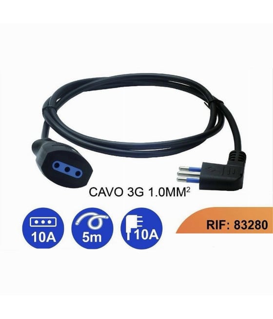 PROLUNGA 5 MT CON SPINA 10A 2P+T + PRESA 10A 2P+T CAVO 90° NERA 83280