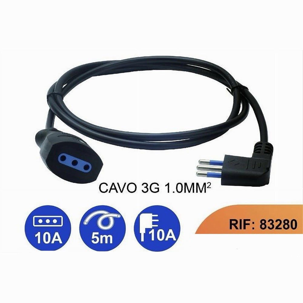 PROLUNGA 5 MT CON SPINA 10A 2P+T + PRESA 10A 2P+T CAVO 90° NERA 83280