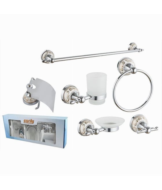 SET BAGNO 6PZ ACCIAIO VETRO CERAMICA DECORAZIONI ORO PORTAROTOLO SAPON