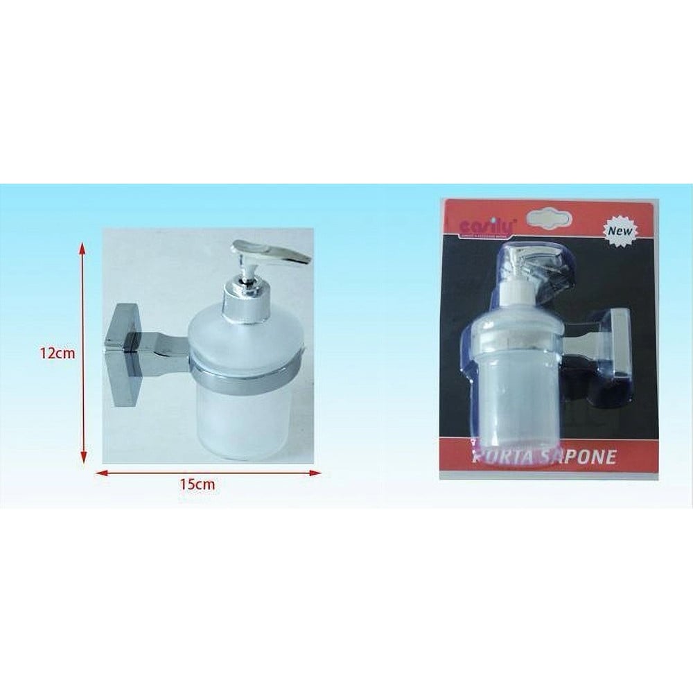 DISPENSER PORTA SAPONE LIQUIDO ACCIAIO VETRO SATINATO PARETE BAGNO