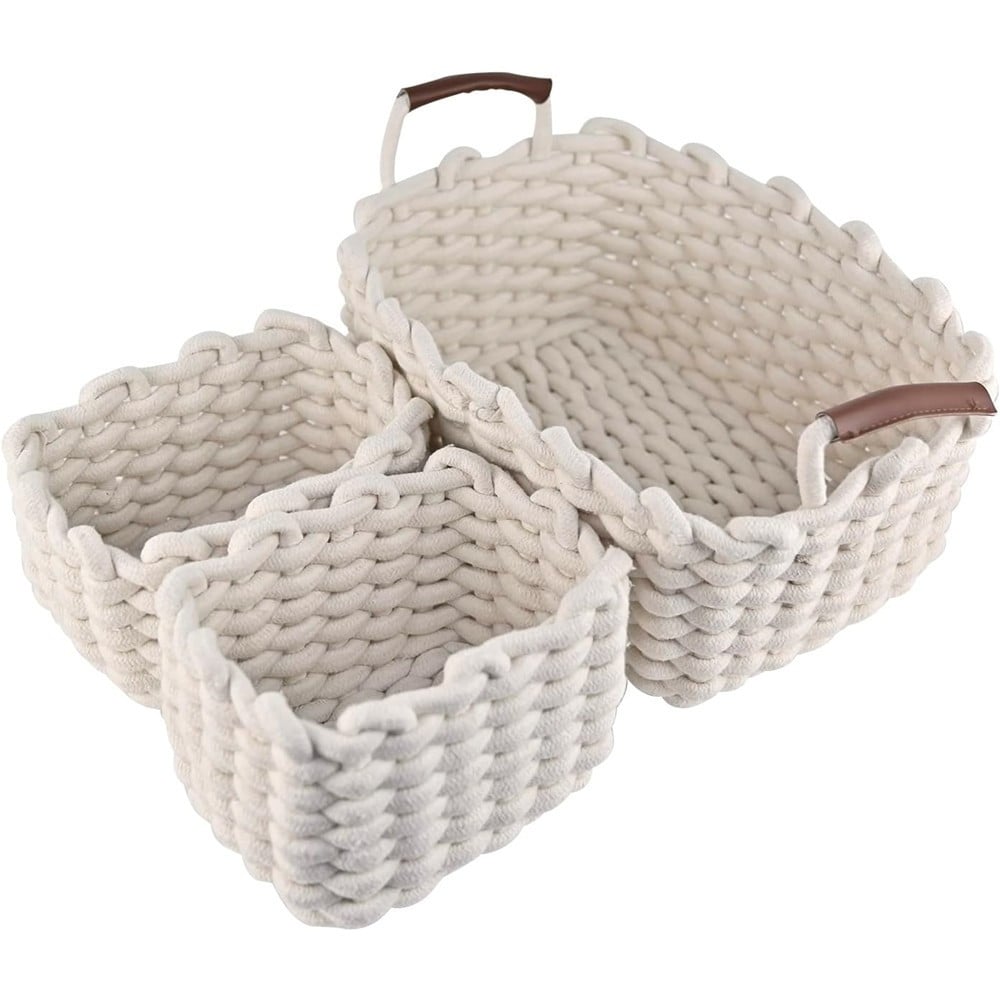 Trade Shop - Set 3 Cestini Intrecciati In Corda Cesto Portaoggetti Organizza Decora Casa 10634 -