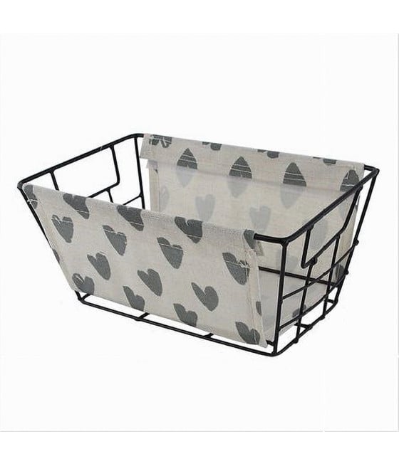 CESTO PORTAOGGETTI FERRO TESSUTO A CUORI GRIGI MANICI 25X15X12CM 10616