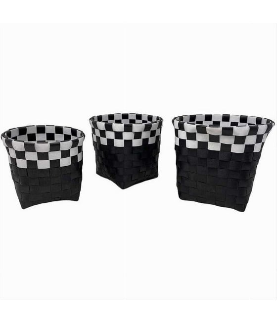 SET 3PZ CESTINI PORTA OGGETTI TESSUTO BAGNO ROTONDI NERO BIANCO 59073