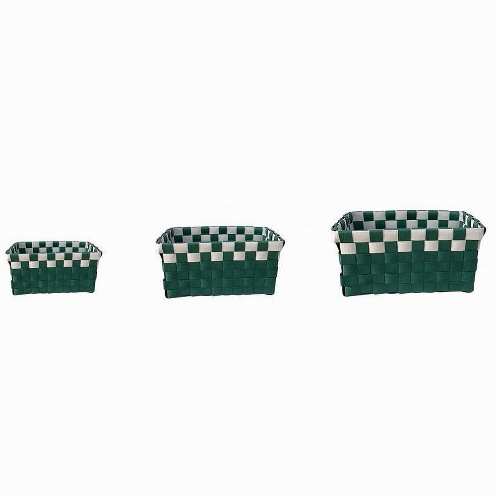 Trade Shop - Set 3 Cestini Portaoggetti Organizer Tessuto Bagno Rettangolari Verde Bianco 59084 -