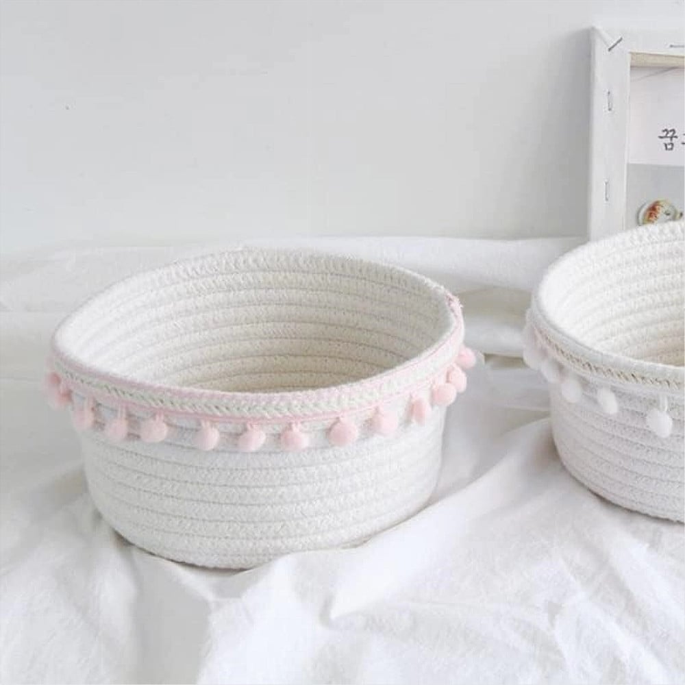 CESTO PORTA OGGETTI BIANCHERIA CORDA PON PON ROSA 22X9.5 CM 10666