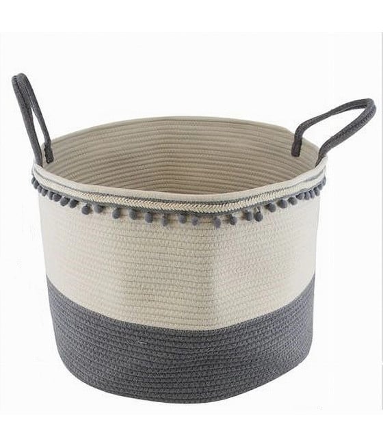 CESTO PORTAOGGETTI BIANCHERIA CORDA PONPON GRIGI MANICI 50X35CM 10673