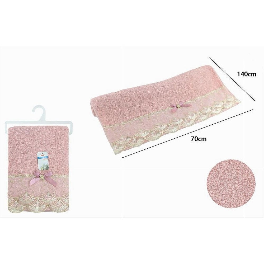 ASCIUGAMANO BAGNO TELO COTONE MORBIDO DECORATO 70 X 140CM ROSA 79507