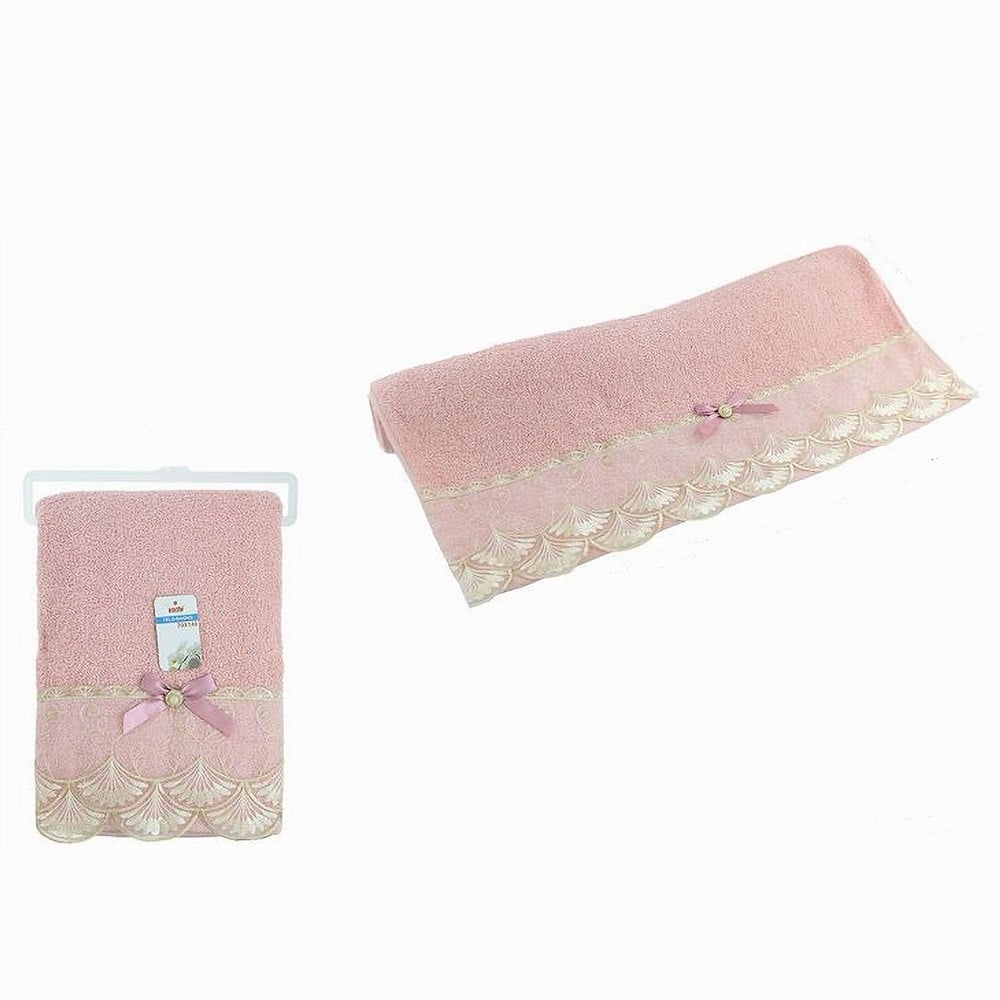 ASCIUGAMANO BAGNO TELO COTONE MORBIDO DECORATO 70 X 140CM ROSA 79507