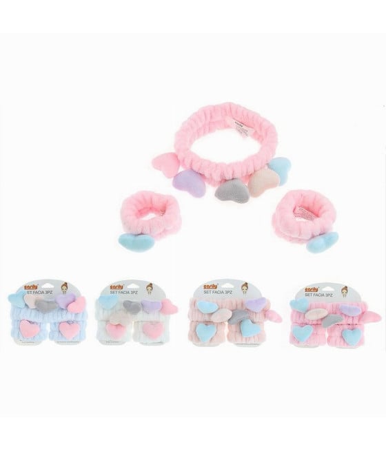 SET 3PZ POLSINI FASCIA CAPELLI CUORI LAVAGGI VISO TRATTAMENTI 10751