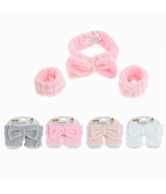 SET 3PZ POLSINI FASCIA CAPELLI CON FIOCCO COLORATI LAVAGGI VISO 10754