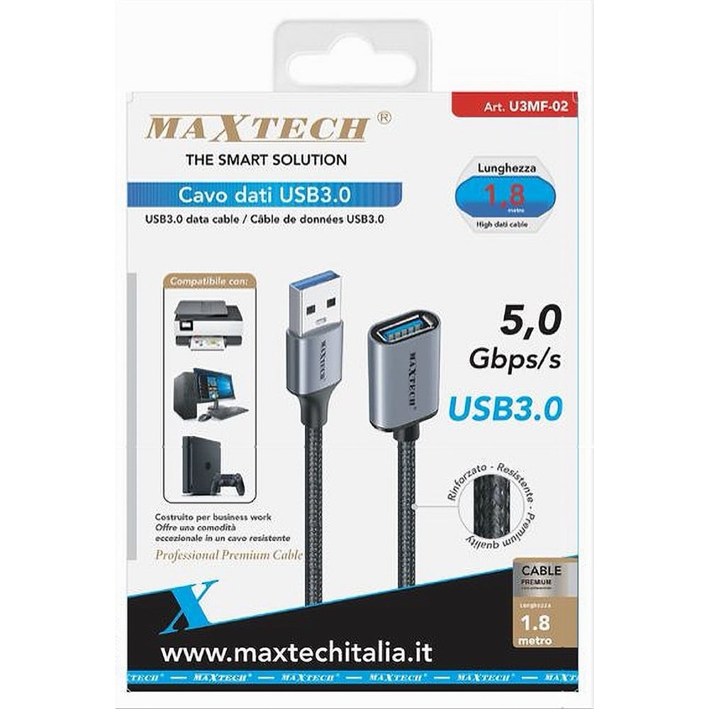 CAVO DATI PROLUNGA USB3.0 MASCHIO/FEMMINA 1.8MT STAMPANTE PC U3MF-02