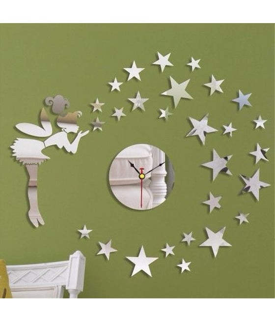 OROLOGIO ADESIVO FATA STELLE 3D EFFETTO SPECCHIO DA PARETE DECORAZIONE