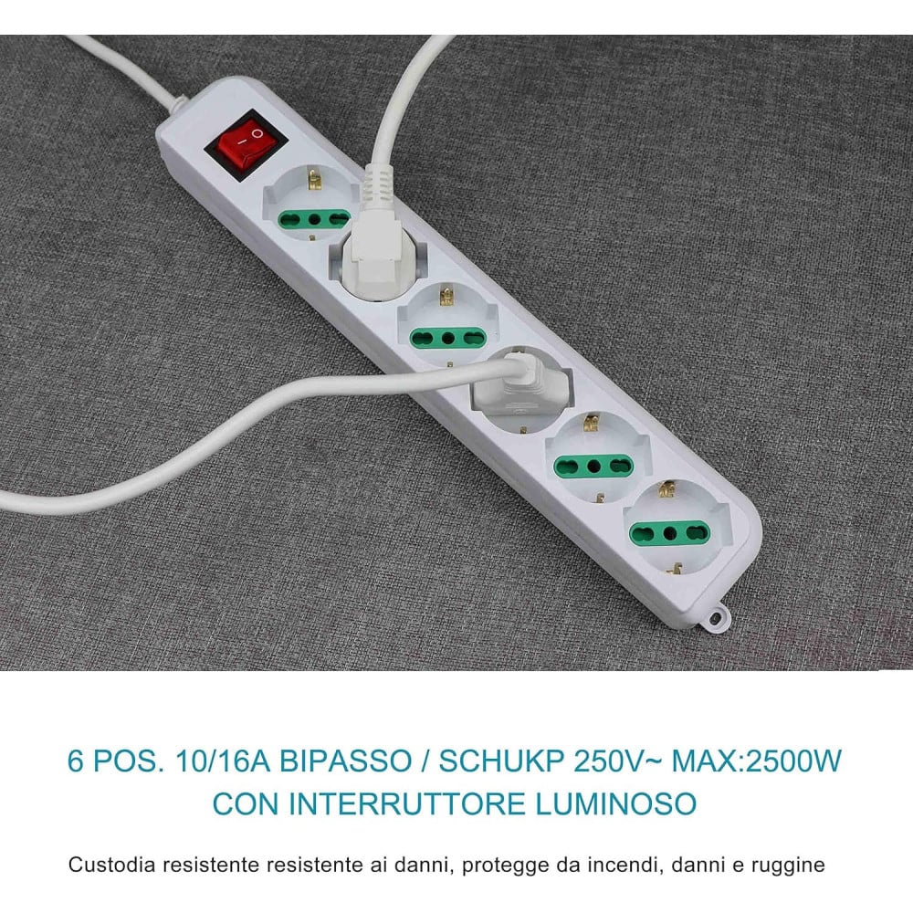 MULTIPRESA CIABATTA ELETTRICA A 6 POSTI CON PROTEZIONE SOVRACCARICO 250V 2500W