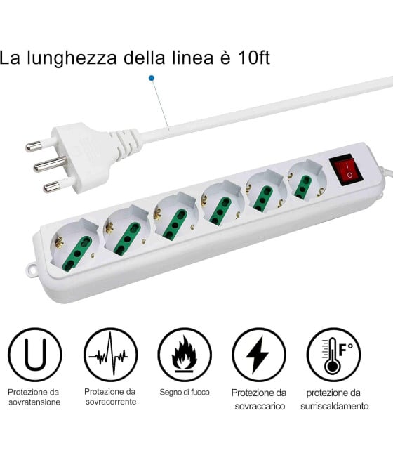 MULTIPRESA CIABATTA ELETTRICA A 6 POSTI CON PROTEZIONE SOVRACCARICO 250V 2500W