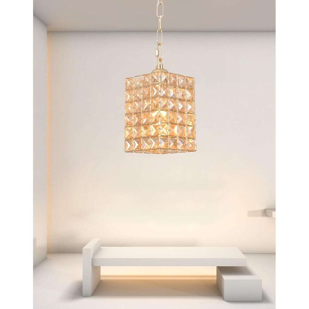 LAMPADARIO SOSPESO RETTANGOLARE CRISTALLI LUCE E27 ORO 32316
