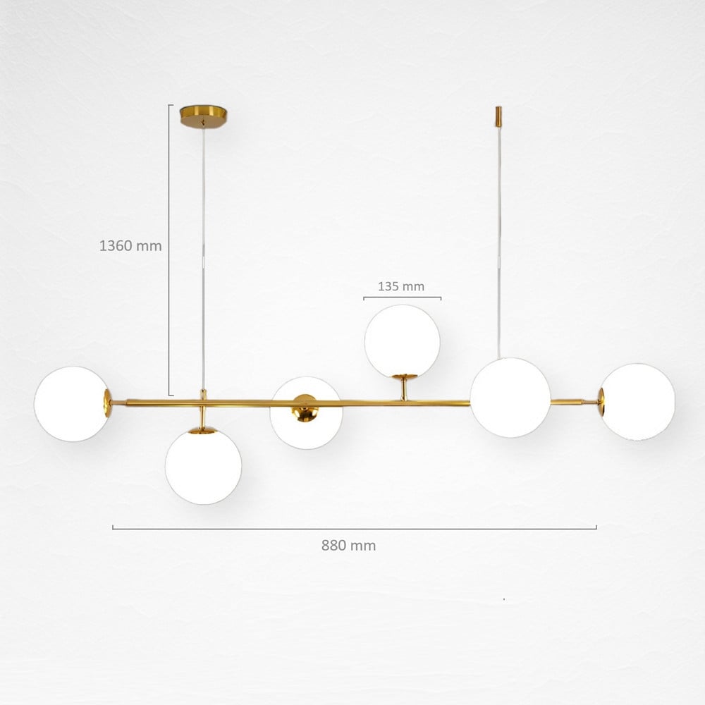 LAMPADARIO ORO CON 6 SFERE BOLLE BIANCHE IN VETRO G9 33726
