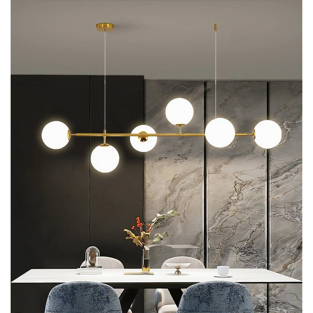LAMPADARIO ORO CON 6 SFERE BOLLE BIANCHE IN VETRO G9 33726