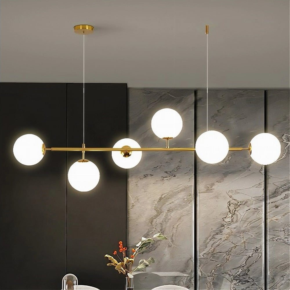 LAMPADARIO ORO CON 6 SFERE BOLLE BIANCHE IN VETRO G9 33726