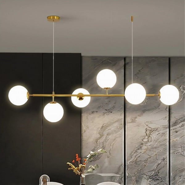 LAMPADARIO ORO CON 6 SFERE BOLLE BIANCHE IN VETRO G9 33726