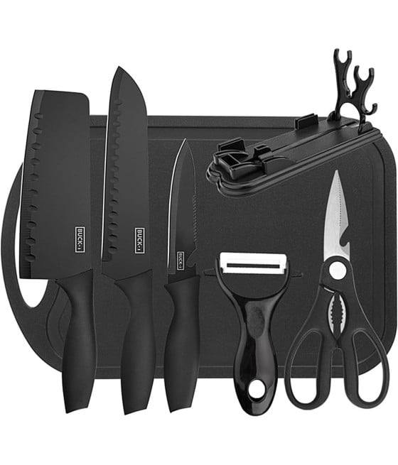 7PZ COLTELLI CUCINA PROFESSIONALI FORBICI PELAPATATE ACCIAIO NERO