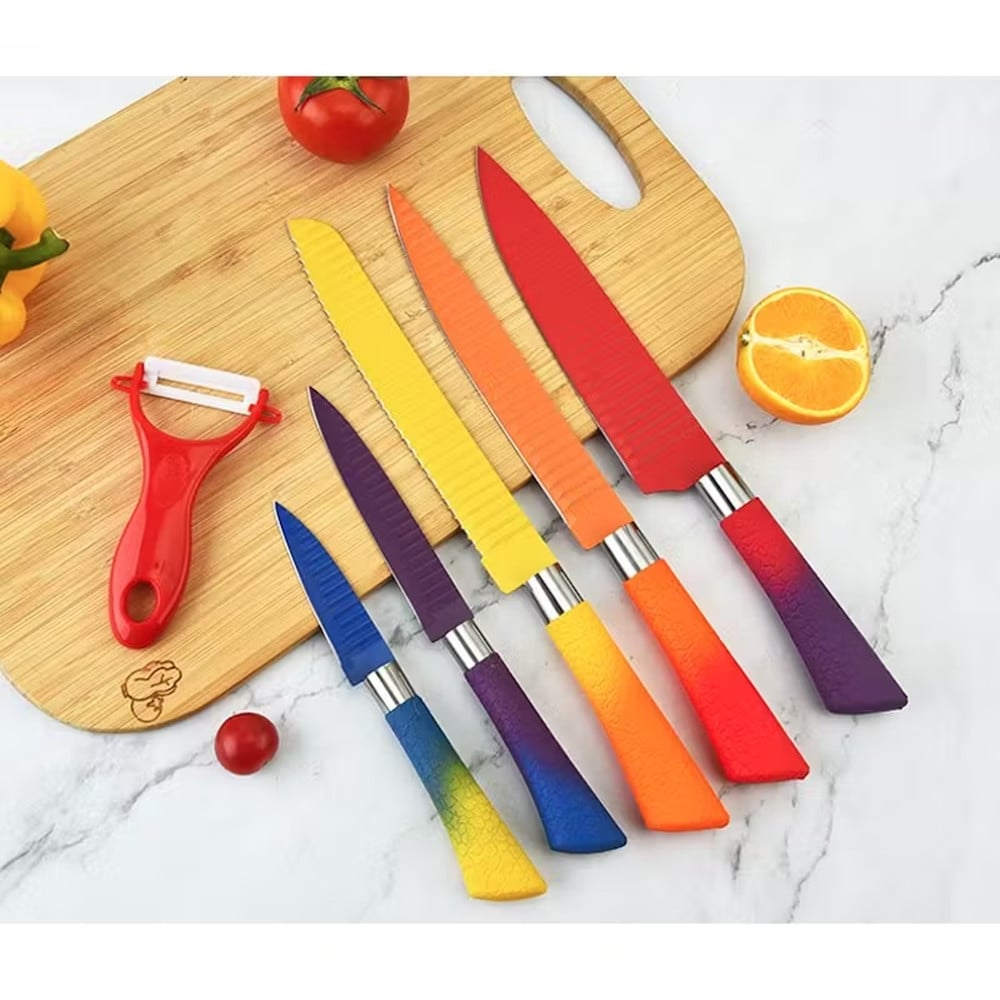 SET COLTELLI 6PZ COLORATI LAMA IN RILIEVO ANTISCIVOLO CUCINA