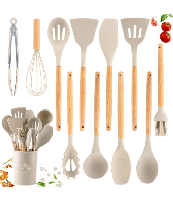 12 ATTREZZI CUCINA IN SILICONE PORTA UTENSILI MANICO LEGNO