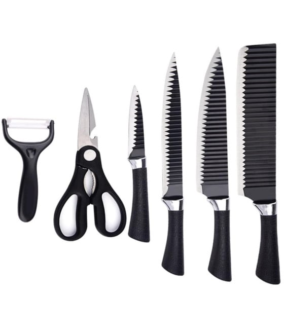SET COLTELLI CUCINA ACCIAIO 6PZ MANICO SILICONE MOTIVO ONDULATO NERO